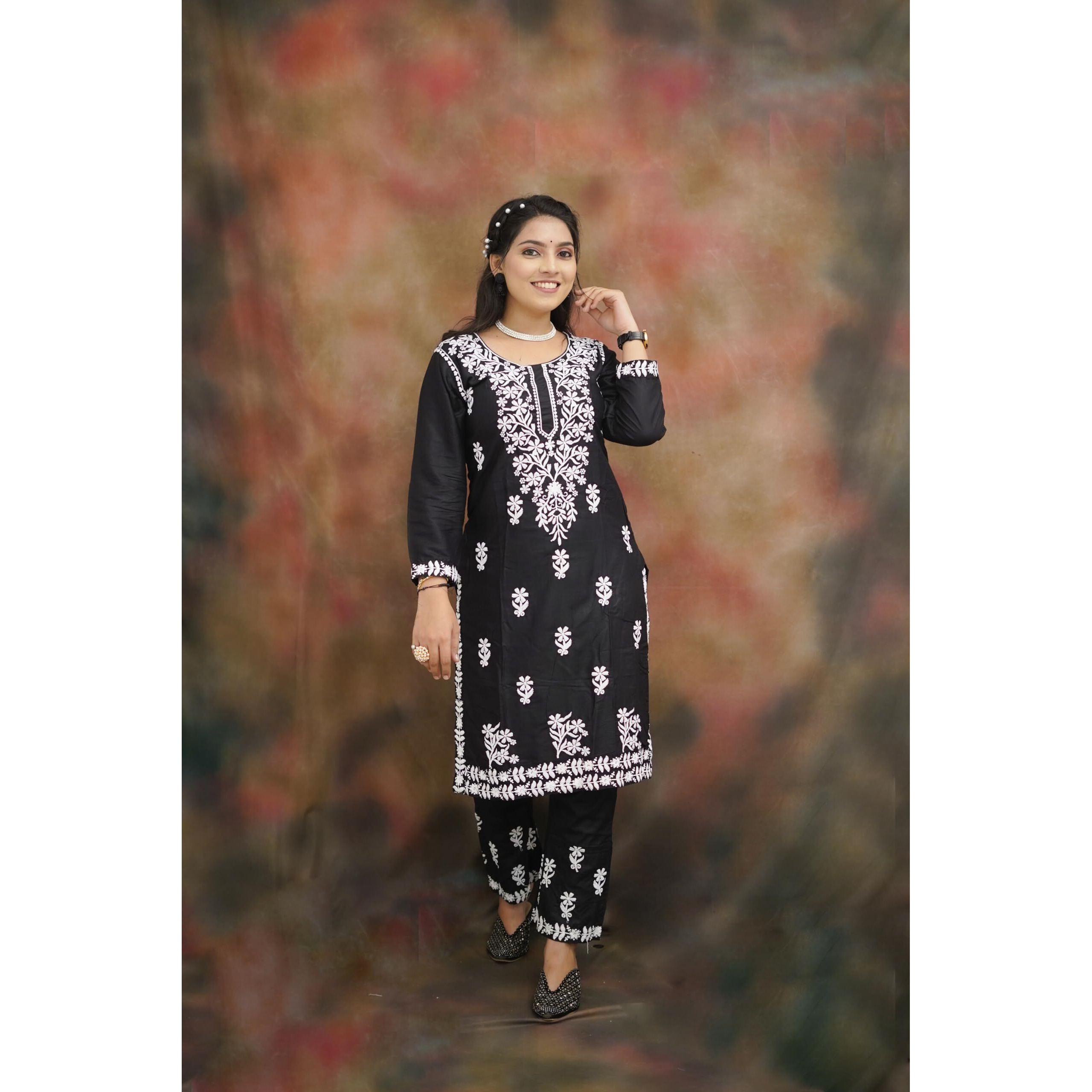 BHARVITA Women's cotton Embroidered Chikankari Straight Kurta With Pant Set (3XL, Black)