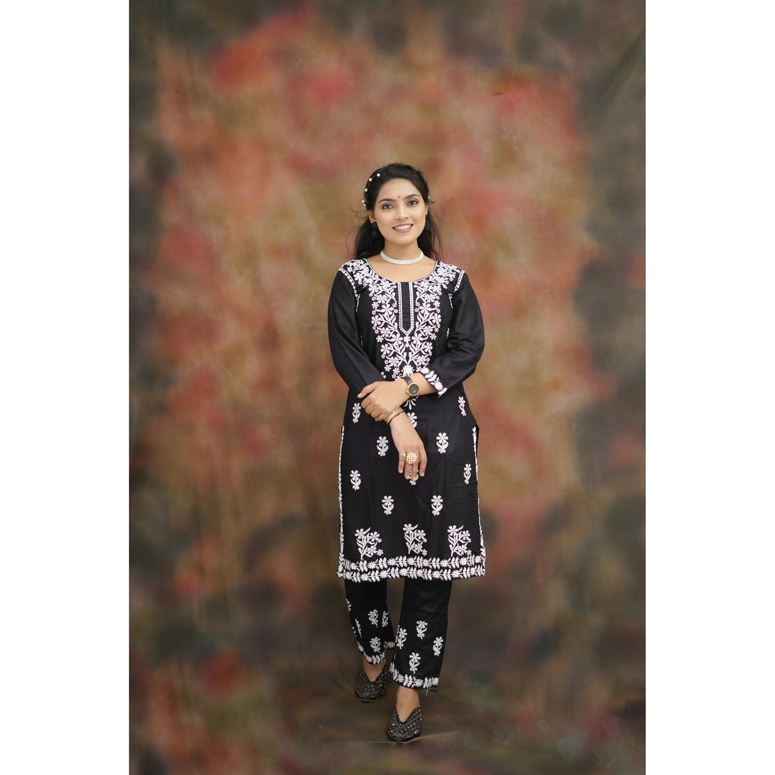 BHARVITA Women's cotton Embroidered Chikankari Straight Kurta With Pant Set (3XL, Black)