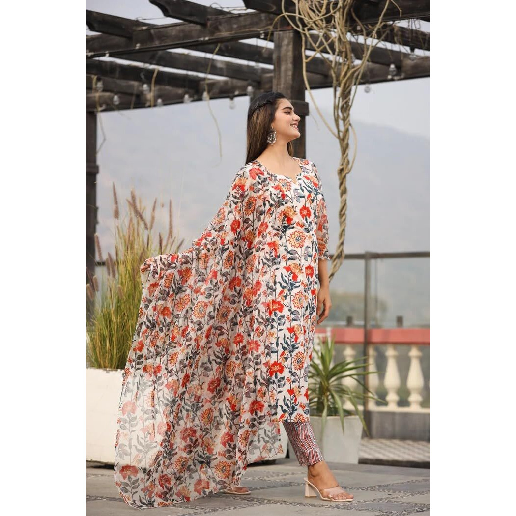 DHRUVI TRENDZ Women Cotton Blend Fancy Kurta Set Regular Fit Printed (DT-K2707&P129_White_M)
