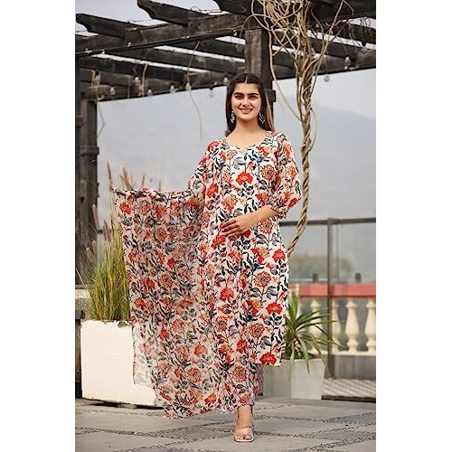 DHRUVI TRENDZ Women Cotton Blend Fancy Kurta Set Regular Fit Printed (DT-K2707&P129_White_M)