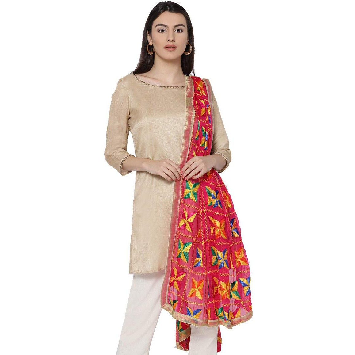 Weavers Villa Punjabi Hand Embroided Phulkari Faux Chiffon Pink Dupattas, 2.25 Mtrs