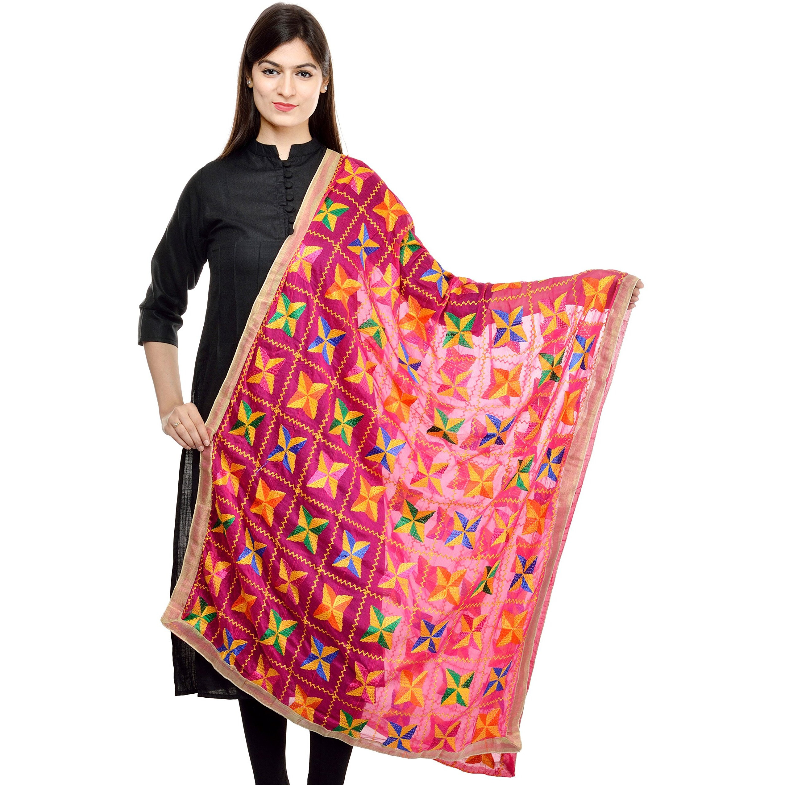 Weavers Villa Punjabi Hand Embroided Phulkari Faux Chiffon Pink Dupattas, 2.25 Mtrs