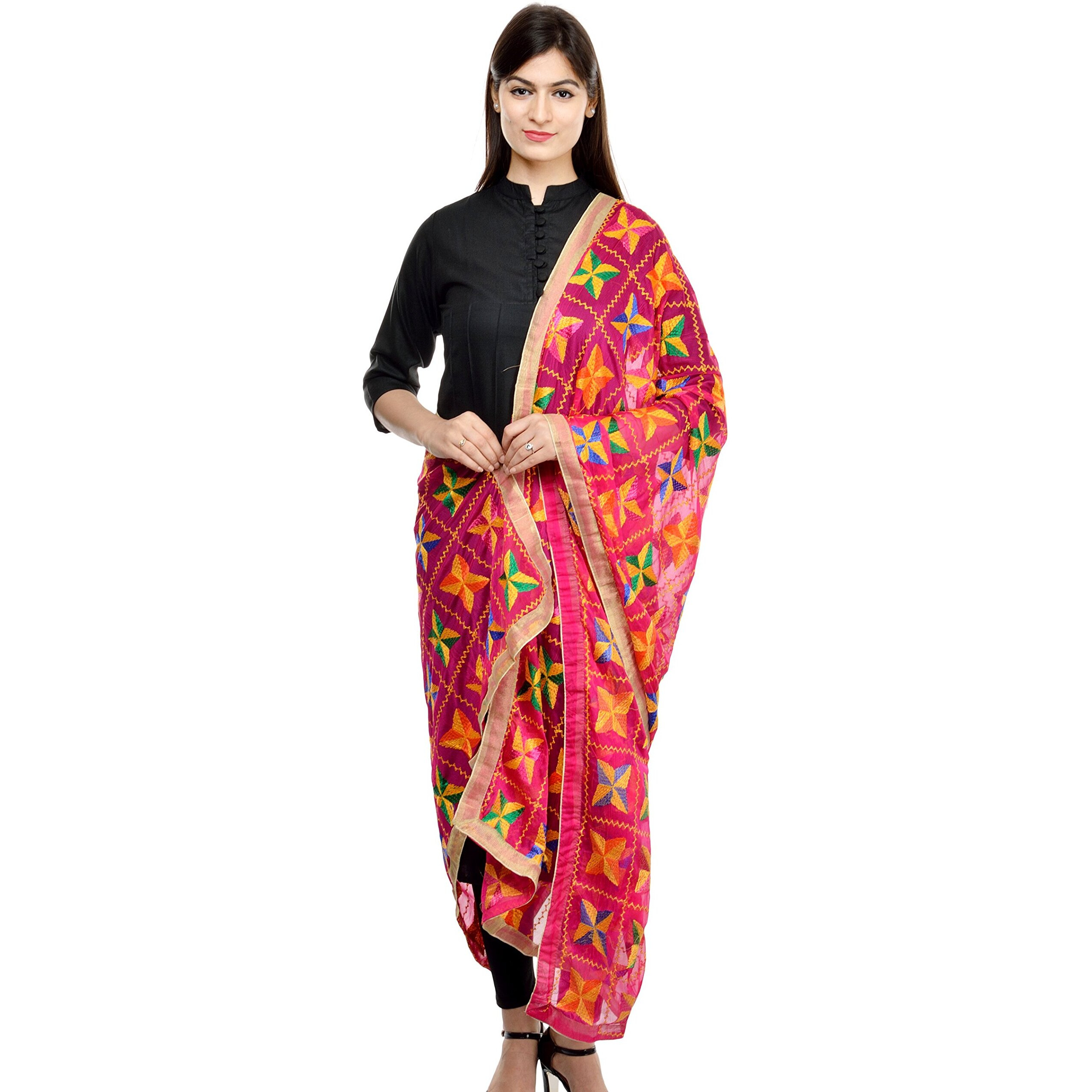 Weavers Villa Punjabi Hand Embroided Phulkari Faux Chiffon Pink Dupattas, 2.25 Mtrs