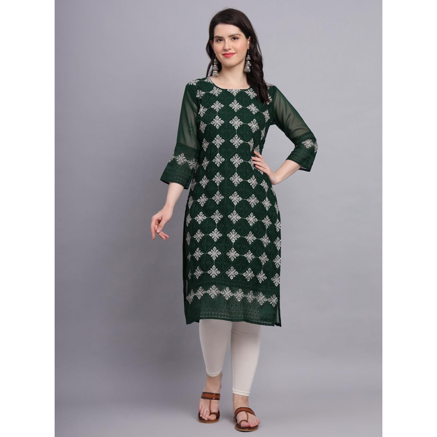 Ekasya Women's Georgette Straight Cut Sweetheart Round Neck Kurta with Beautiful Lucknowi Chickenkari Embroidery Work (E1606) Dark Green