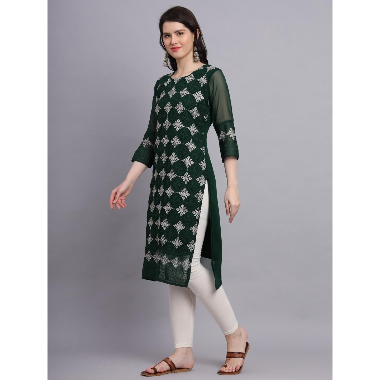Ekasya Women's Georgette Straight Cut Sweetheart Round Neck Kurta with Beautiful Lucknowi Chickenkari Embroidery Work (E1606) Dark Green
