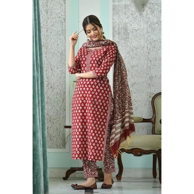 BHARVITA Women Viscose Printed Kurti Pant and Dupatta Set (2XL, Maroon)