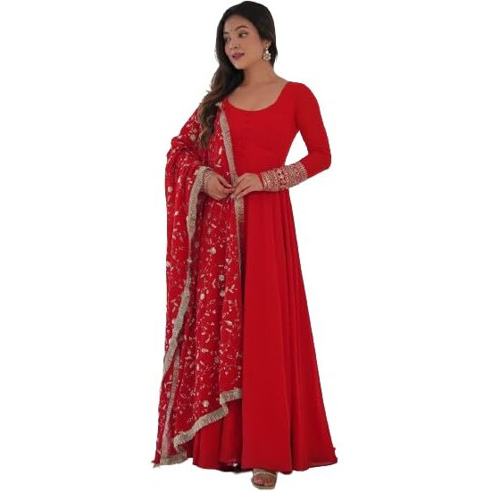 ROYALICA Women/Girl's Georgette Maxi Kurta Set with Dupatta (Anarkali Dress_Red_M
