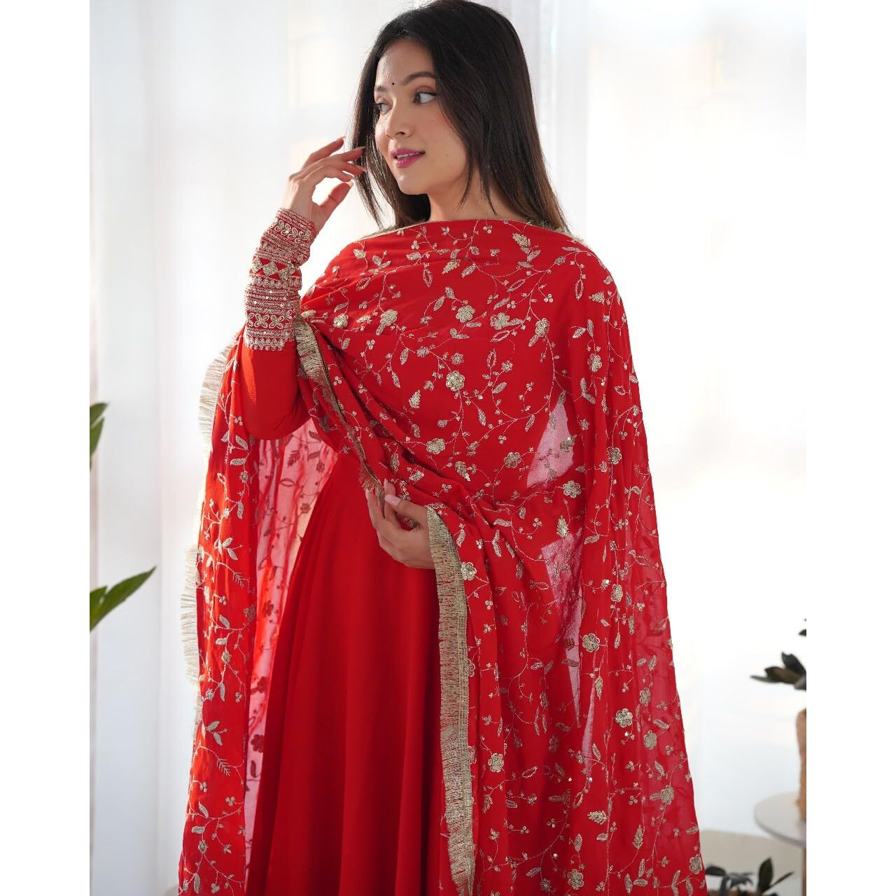 ROYALICA Women/Girl's Georgette Maxi Kurta Set with Dupatta (Anarkali Dress_Red_M