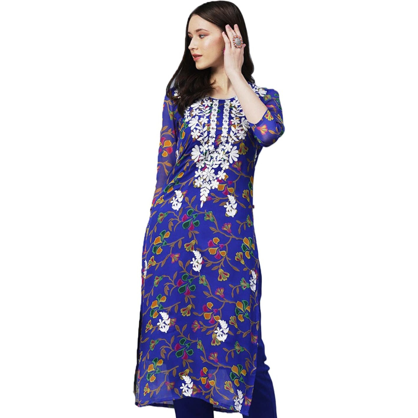 GoSriKi Women's Printed Georgette Chikankari Embroidered Kurti (Gori-Blue-GS_S_Blue_Small)