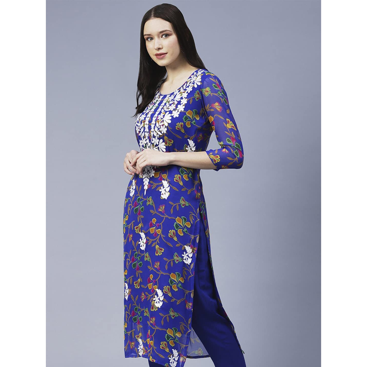 GoSriKi Women's Printed Georgette Chikankari Embroidered Kurti (Gori-Blue-GS_S_Blue_Small)