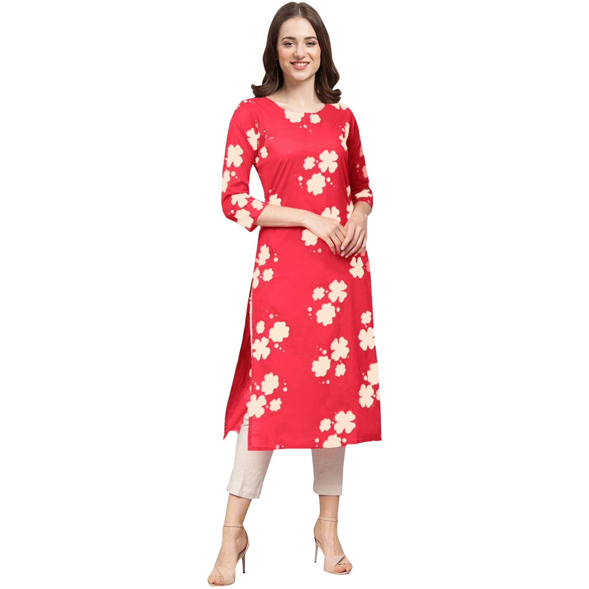 Pinkmint Women's Crepe Red Color Floral Printed Straight Kurti(MB-530380-XXL)