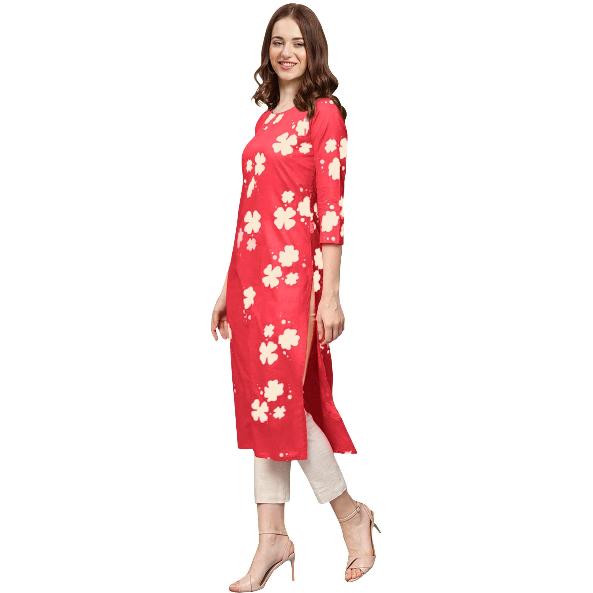 Pinkmint Women's Crepe Red Color Floral Printed Straight Kurti(MB-530380-XXL)