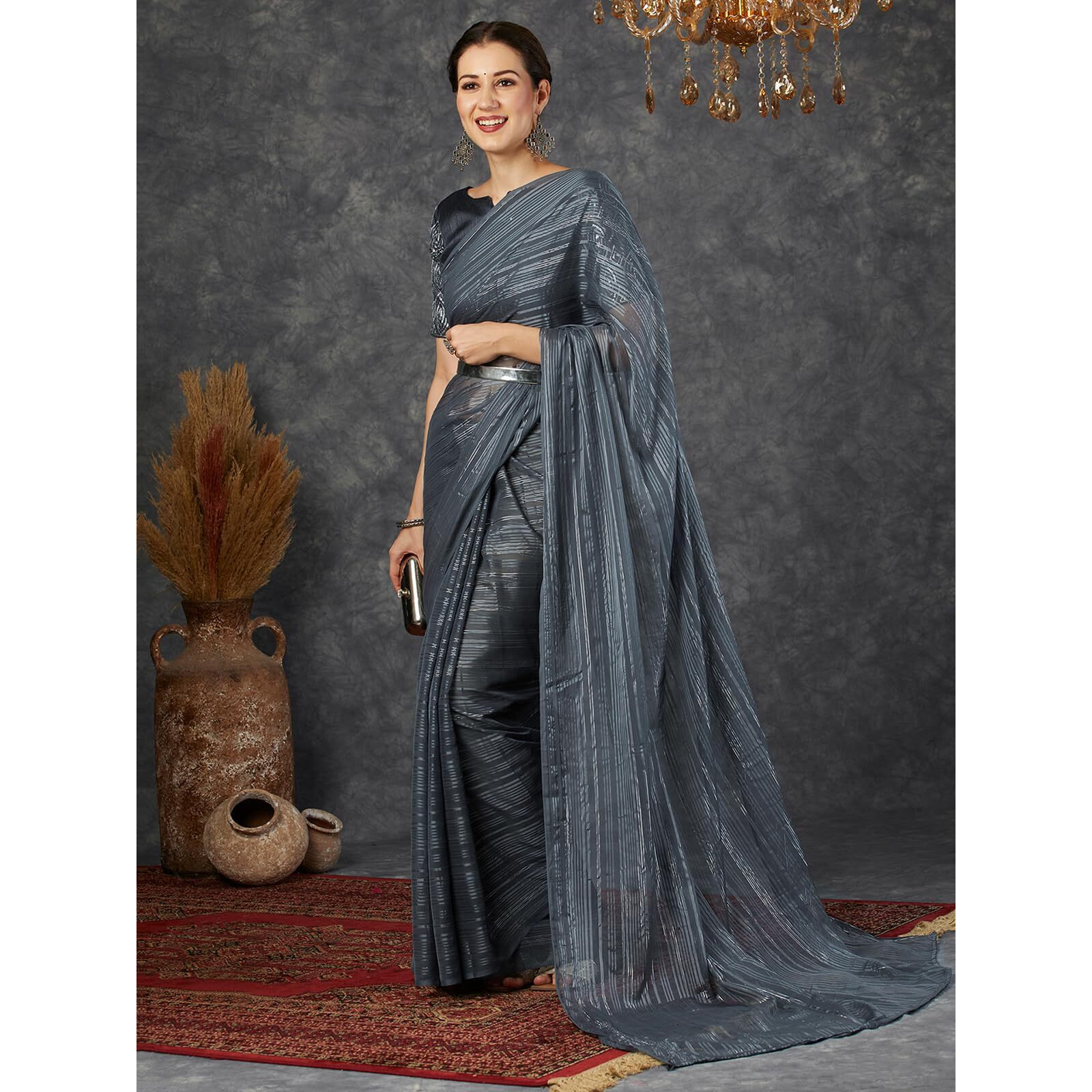 SAMAH Women's Woven Pure Georgette Saree (3781S2662N_Dark Grey)