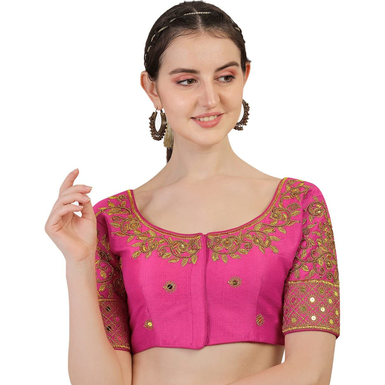 Vihu Fashion Women's Silk Floral Half Sleeve Blouse (gwaliya Blouse_Pink_38)