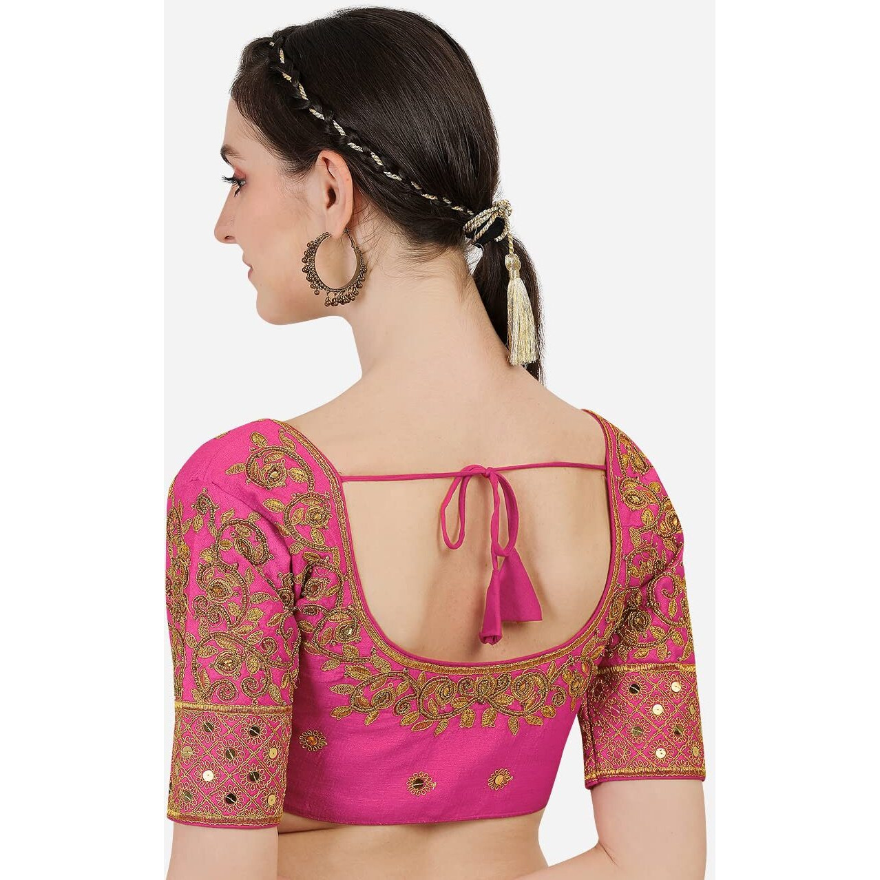 Vihu Fashion Women's Silk Floral Half Sleeve Blouse (gwaliya Blouse_Pink_38)
