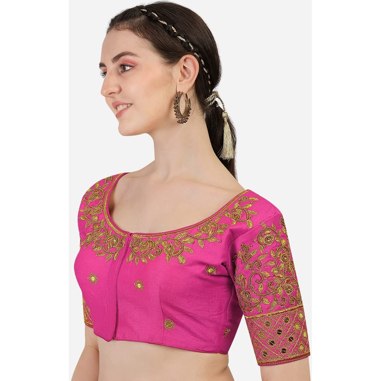 Vihu Fashion Women's Silk Floral Half Sleeve Blouse (gwaliya Blouse_Pink_38)