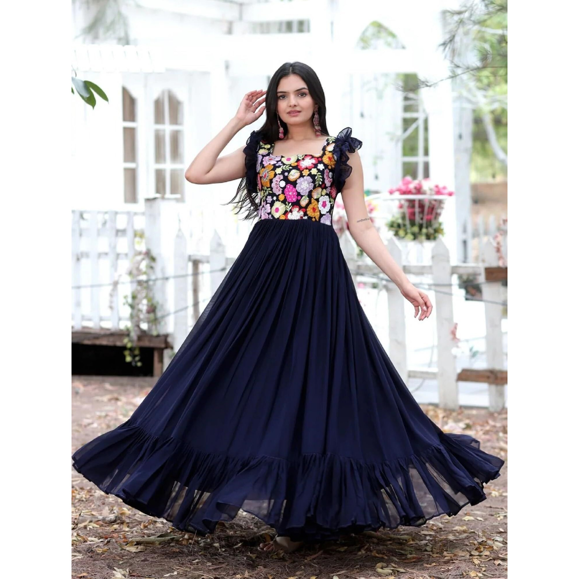 LAZZLY Women's Georgette Anarkali Ankle Length Dress (131410_Navy Blue