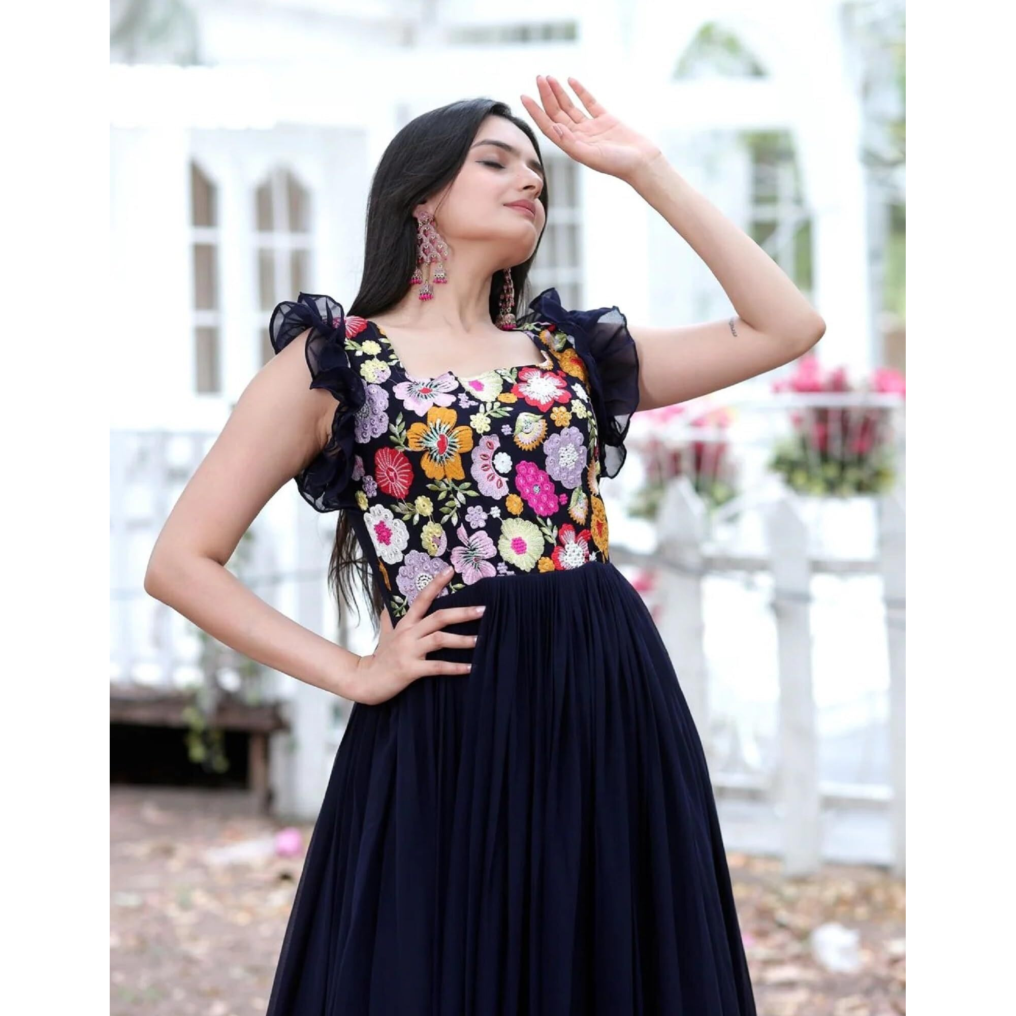 LAZZLY Women's Georgette Anarkali Ankle Length Dress (131410_Navy Blue