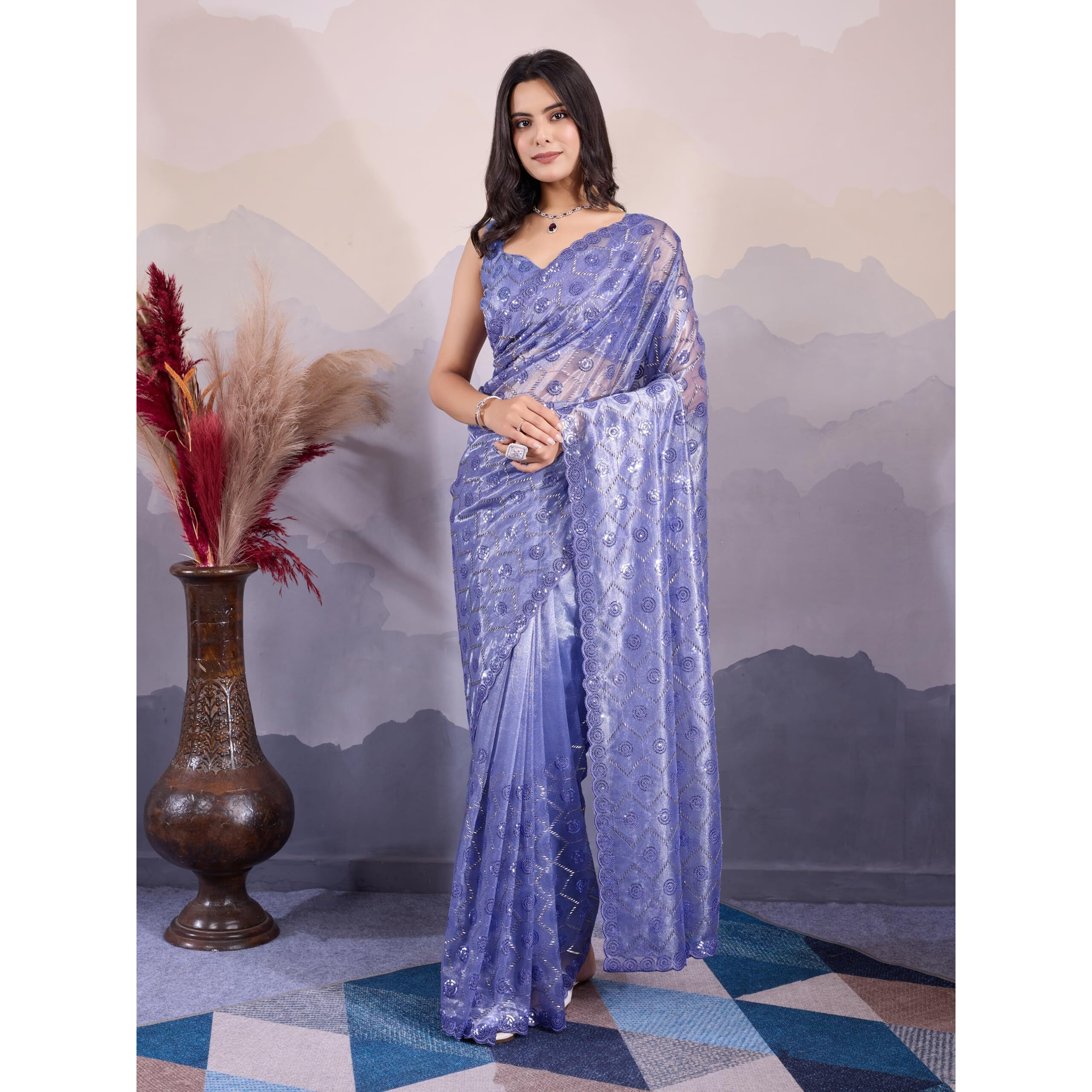 EKASYA Women Soft Twill Net Dark Blue Geometric Pattern Embroidery Work Saree With Unstitched Blouse (E6270_6)