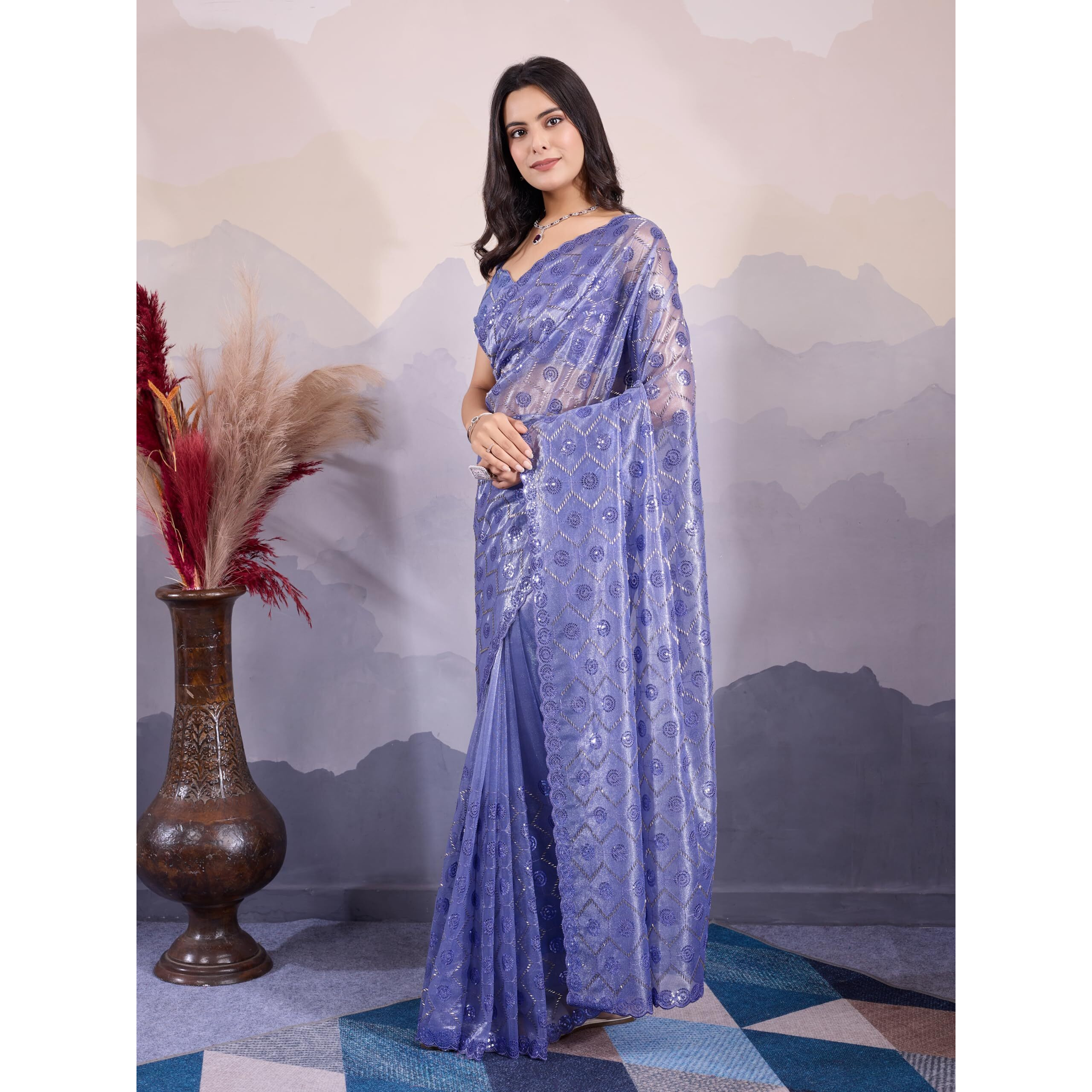 EKASYA Women Soft Twill Net Dark Blue Geometric Pattern Embroidery Work Saree With Unstitched Blouse (E6270_6)