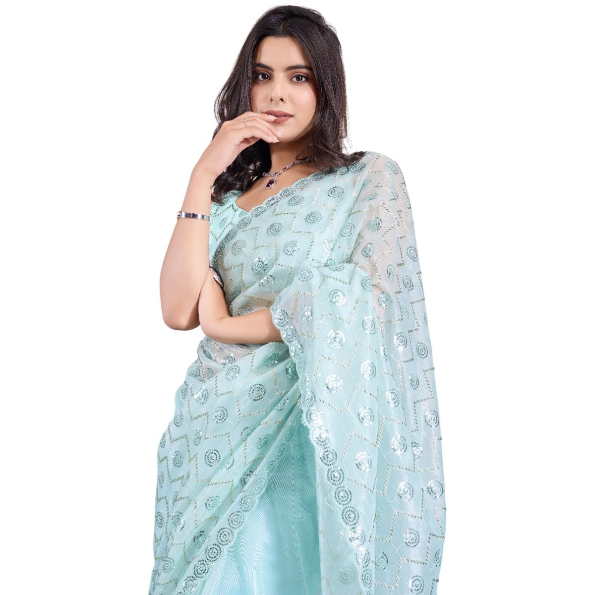 EKASYA Women Soft Twill Net Sky Blue Geometric Pattern Embroidery Work Saree With Unstitched Blouse (E6270_2)