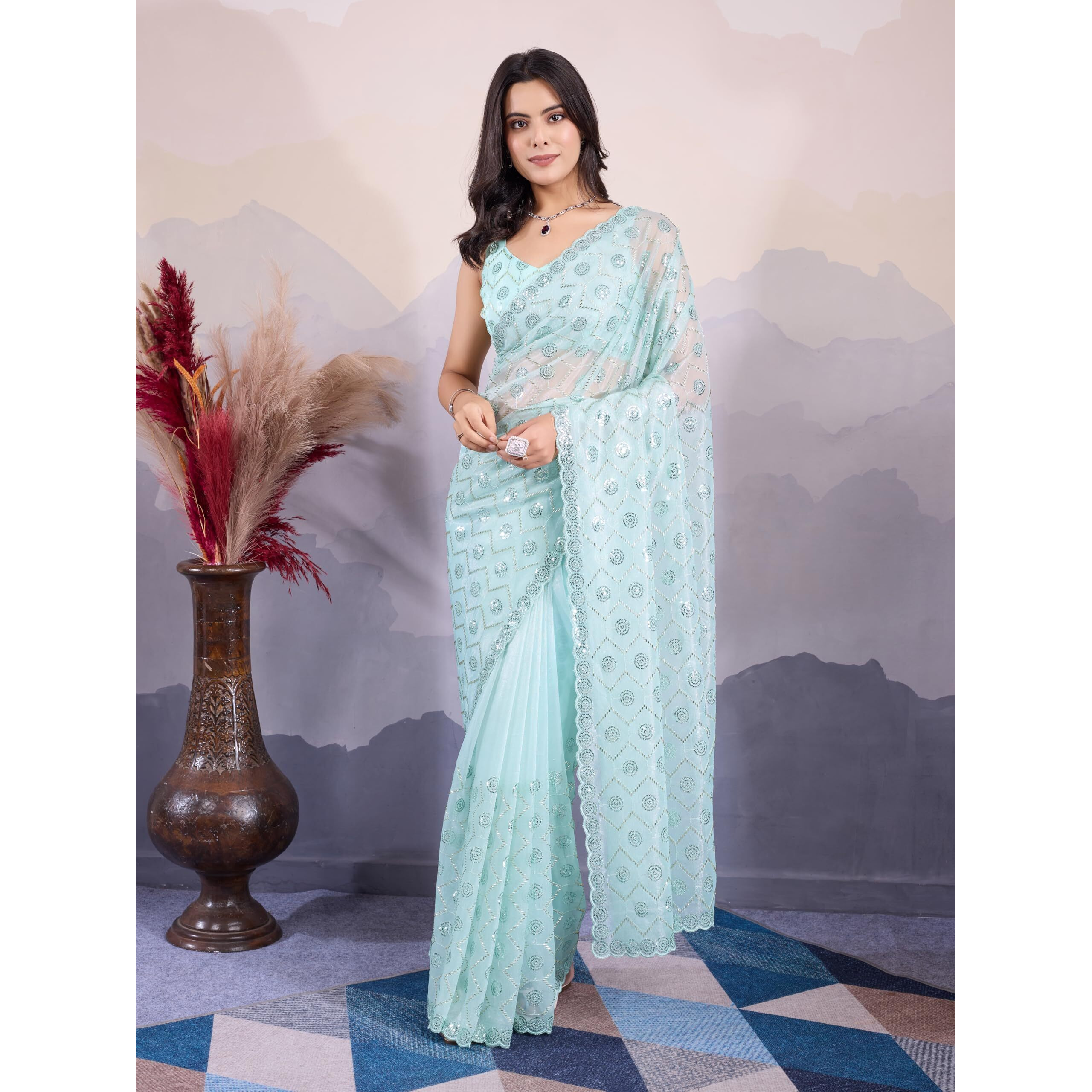 EKASYA Women Soft Twill Net Sky Blue Geometric Pattern Embroidery Work Saree With Unstitched Blouse (E6270_2)