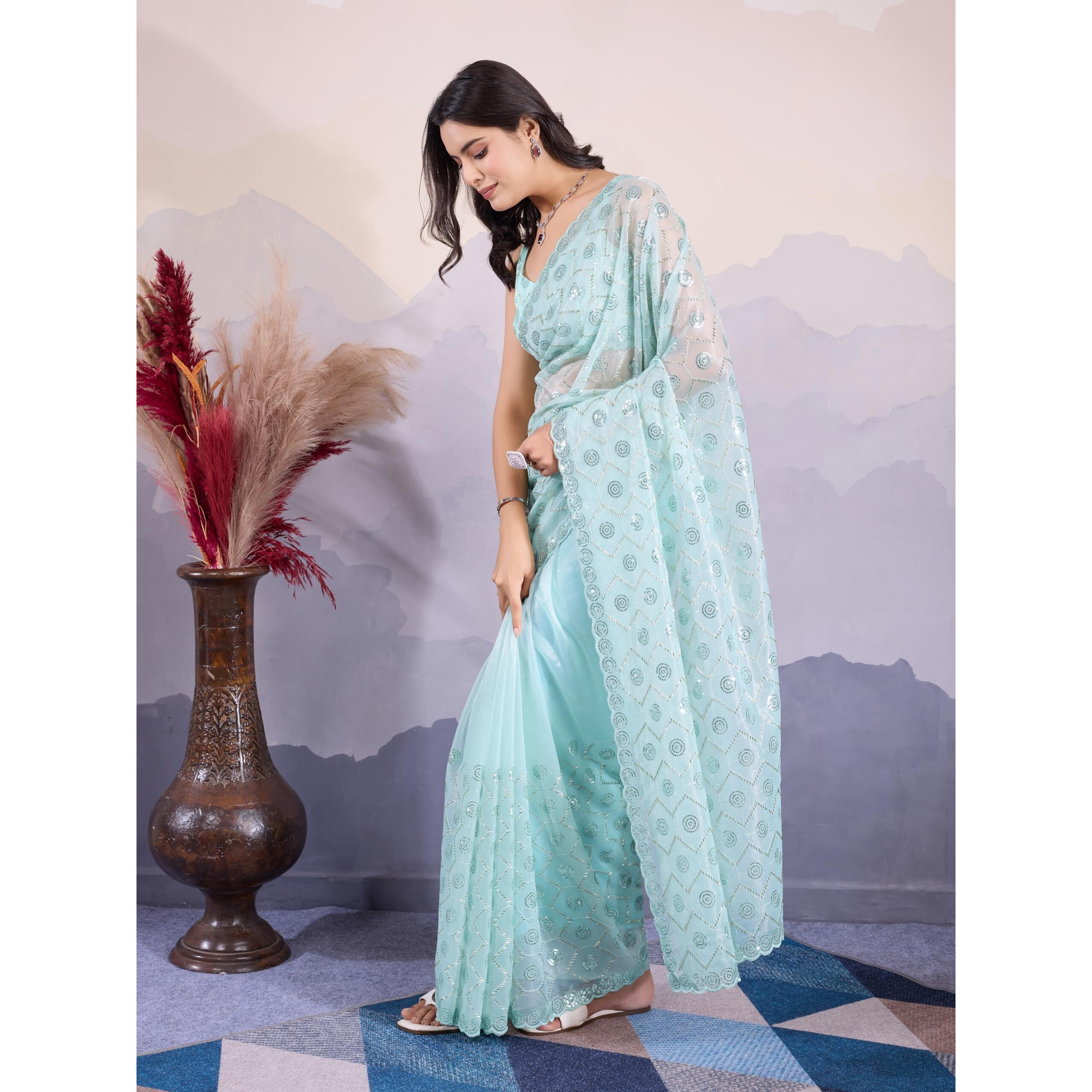 EKASYA Women Soft Twill Net Sky Blue Geometric Pattern Embroidery Work Saree With Unstitched Blouse (E6270_2)