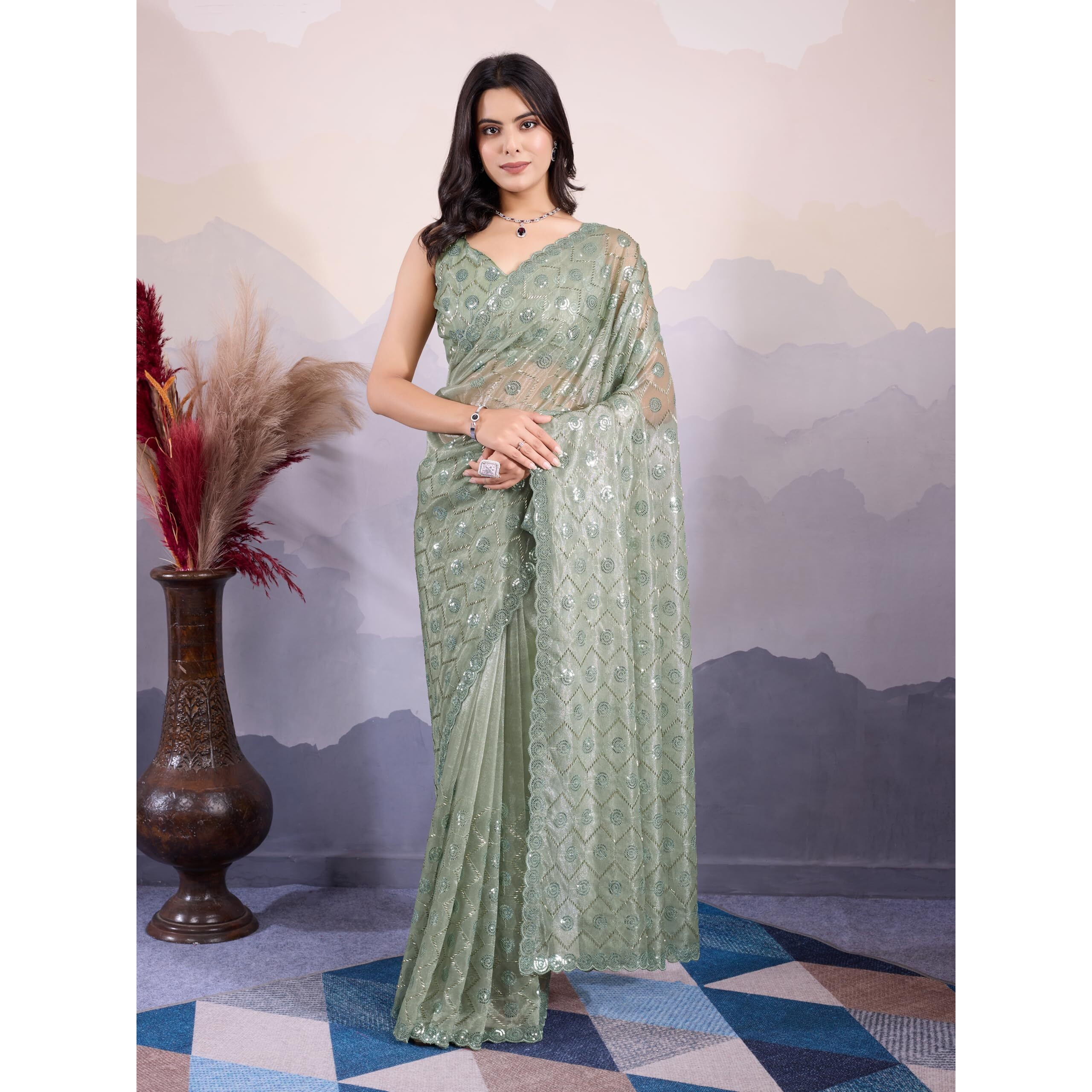 EKASYA Women Soft Twill Net Olive Green Geometric Pattern Embroidery Work Saree With Unstitched Blouse (E6270_3)