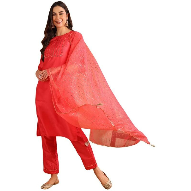 Vaamsi Women's Chanderi Embellished Solid Straight Kurta Pant With Dupatta (PKSKD1089_Pink_S)