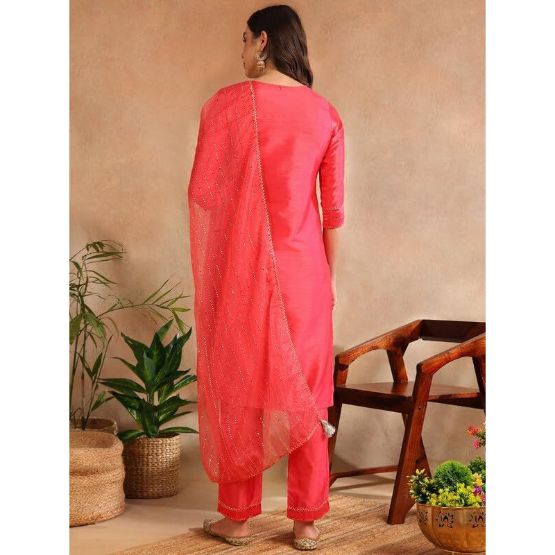 Vaamsi Women's Chanderi Embellished Solid Straight Kurta Pant With Dupatta (PKSKD1089_Pink_S)