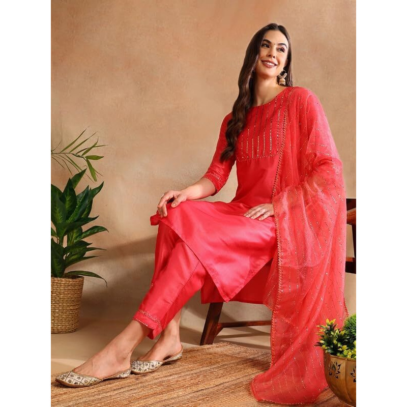 Vaamsi Women's Chanderi Embellished Solid Straight Kurta Pant With Dupatta (PKSKD1089_Pink_S)