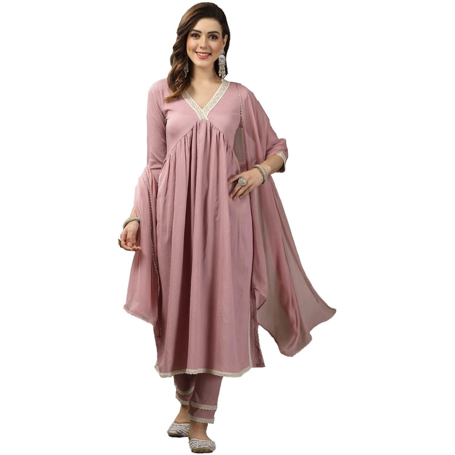 Stylum Women's Solid Crepe Naira cut Kurta Pant Dupatta Set (KPDJANVIBLUSH38_Blush, M)
