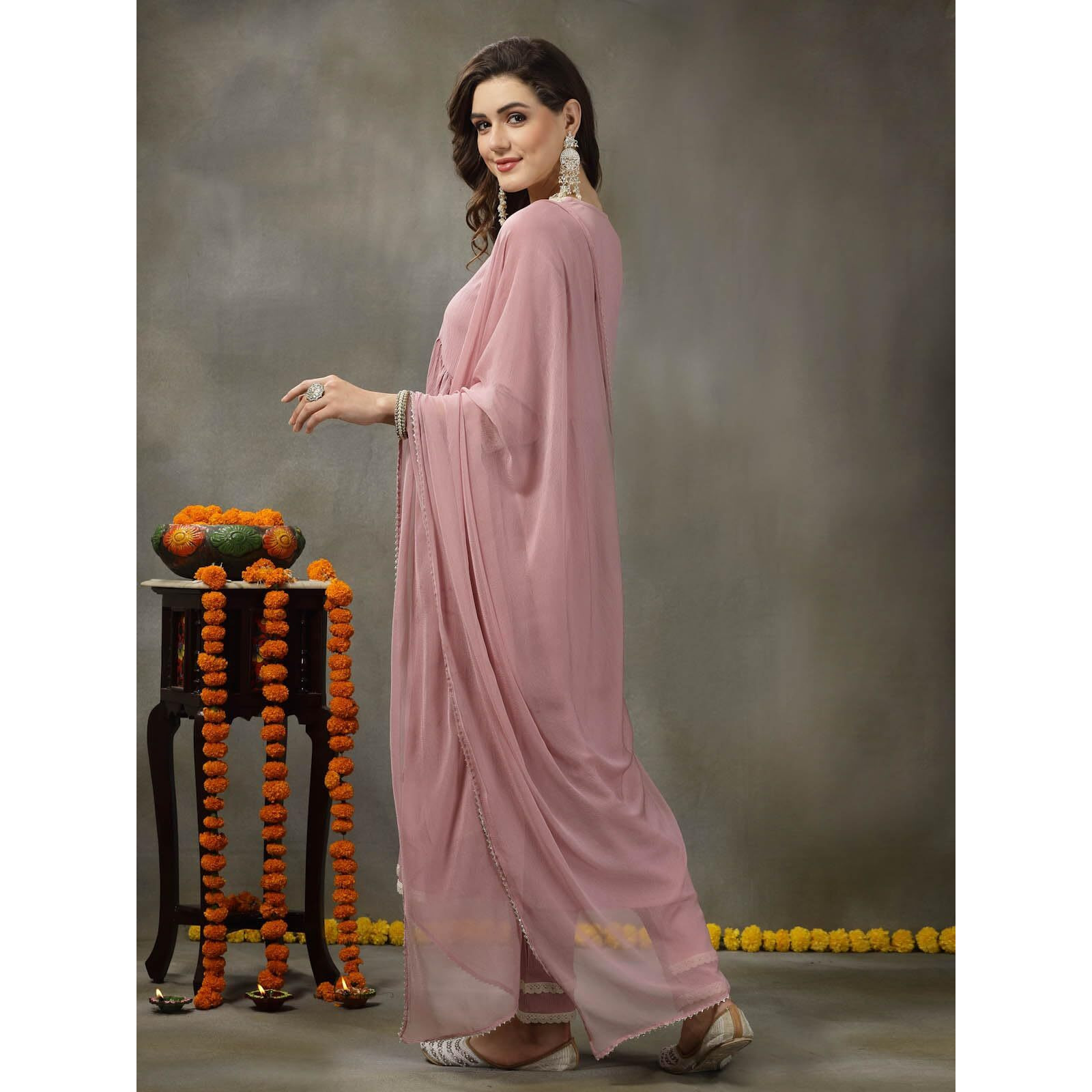Stylum Women's Solid Crepe Naira cut Kurta Pant Dupatta Set (KPDJANVIBLUSH38_Blush, M)