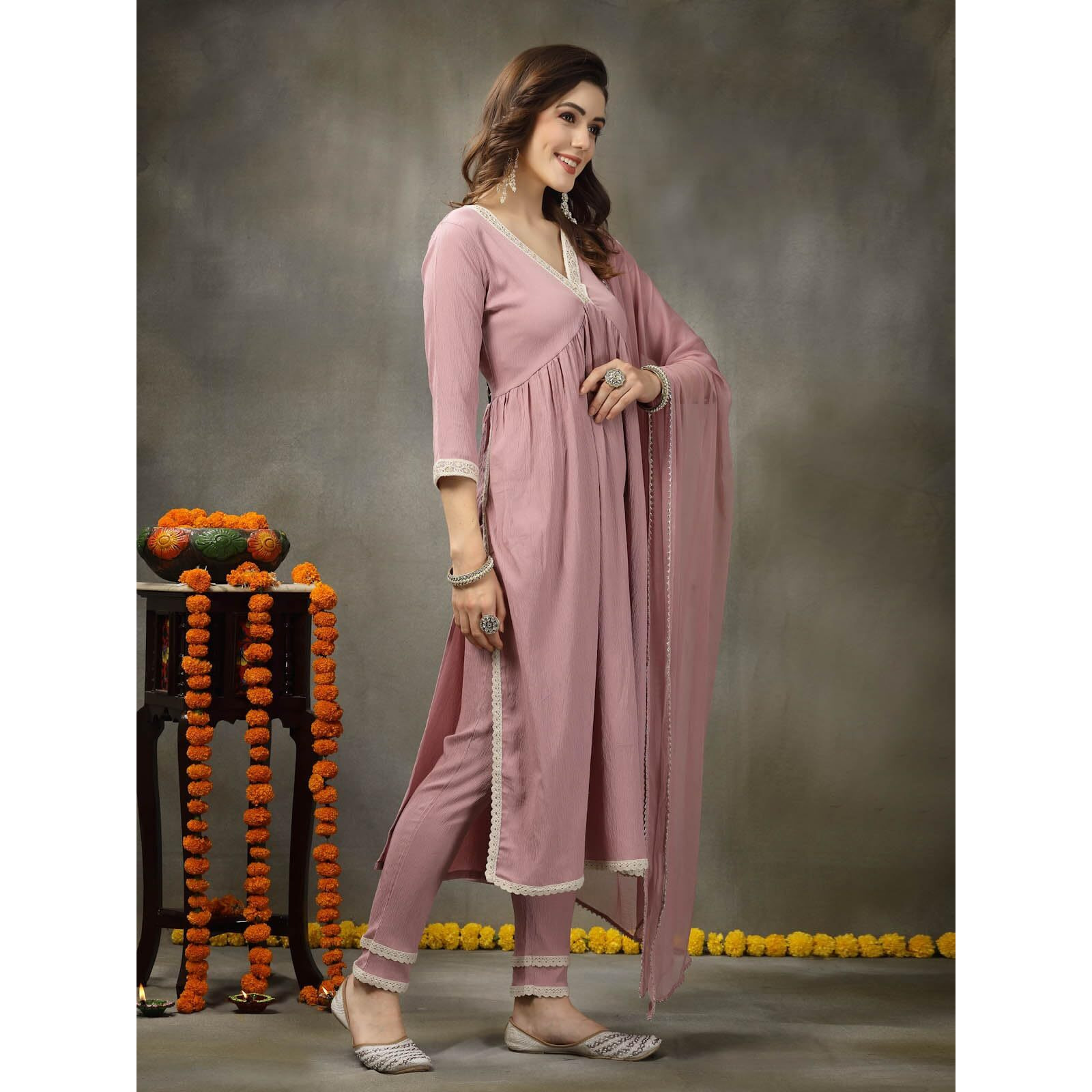 Stylum Women's Solid Crepe Naira cut Kurta Pant Dupatta Set (KPDJANVIBLUSH38_Blush, M)