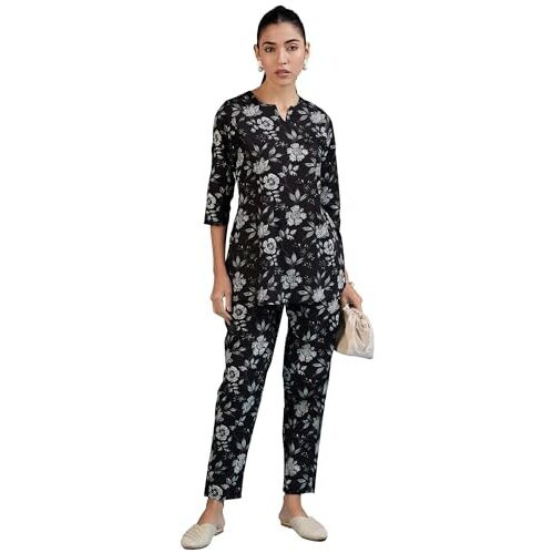 Bee M Pee Designer Floral Straight Kurta Cotton Cord Pant Set for Women Kamal_Black
