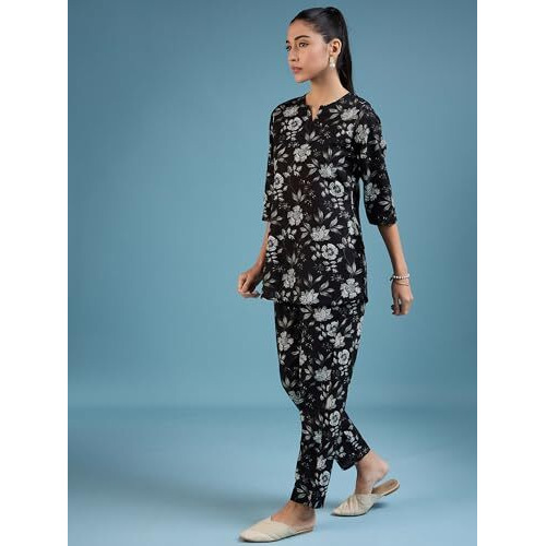 Bee M Pee Designer Floral Straight Kurta Cotton Cord Pant Set for Women Kamal_Black