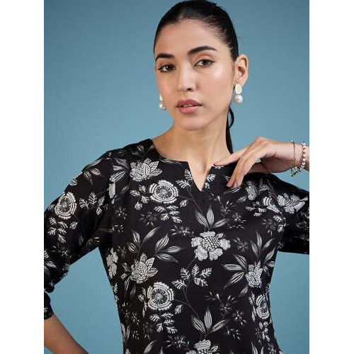 Bee M Pee Designer Floral Straight Kurta Cotton Cord Pant Set for Women Kamal_Black