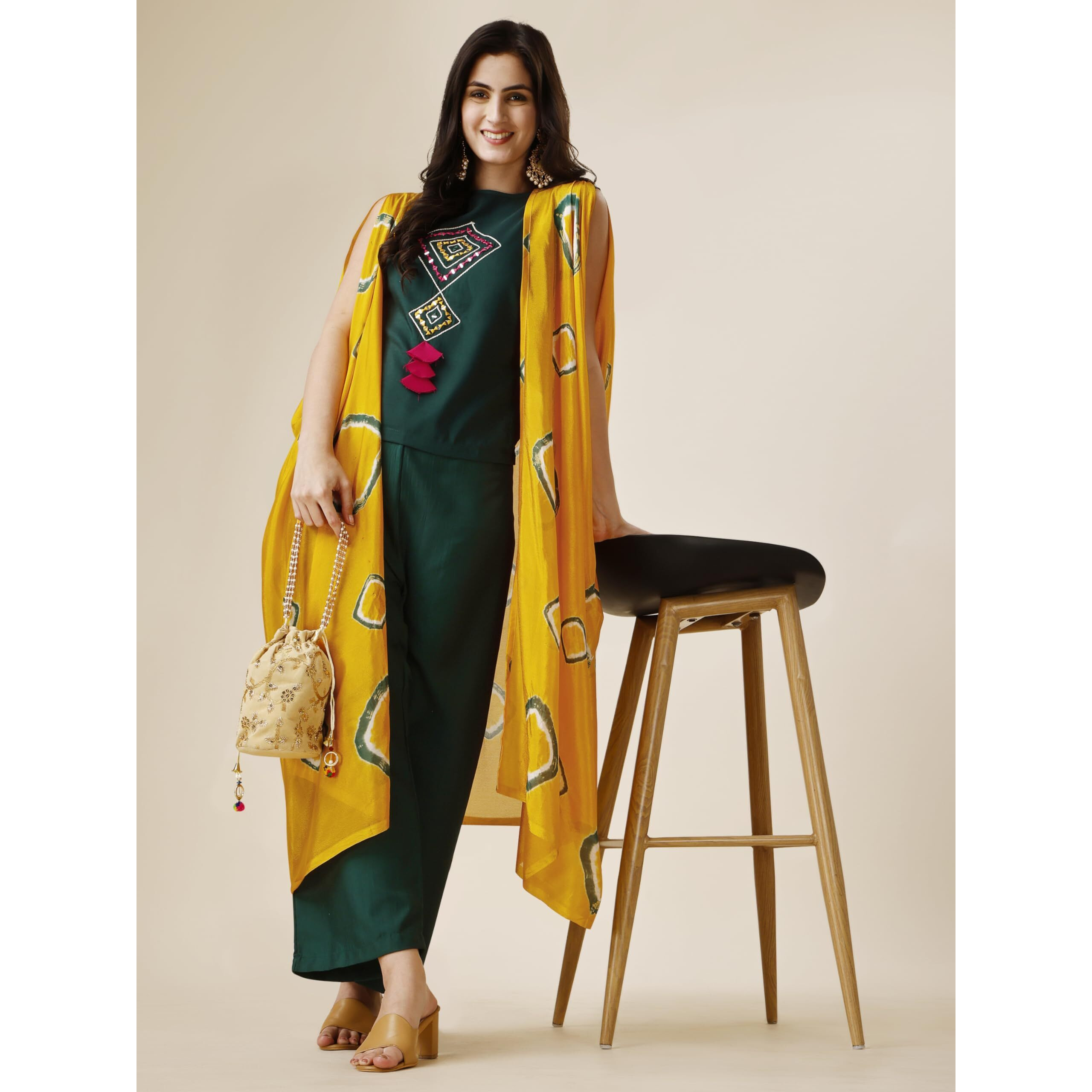 Youthnic Womens Silk Blend Top Palazzo Jacket Set Green