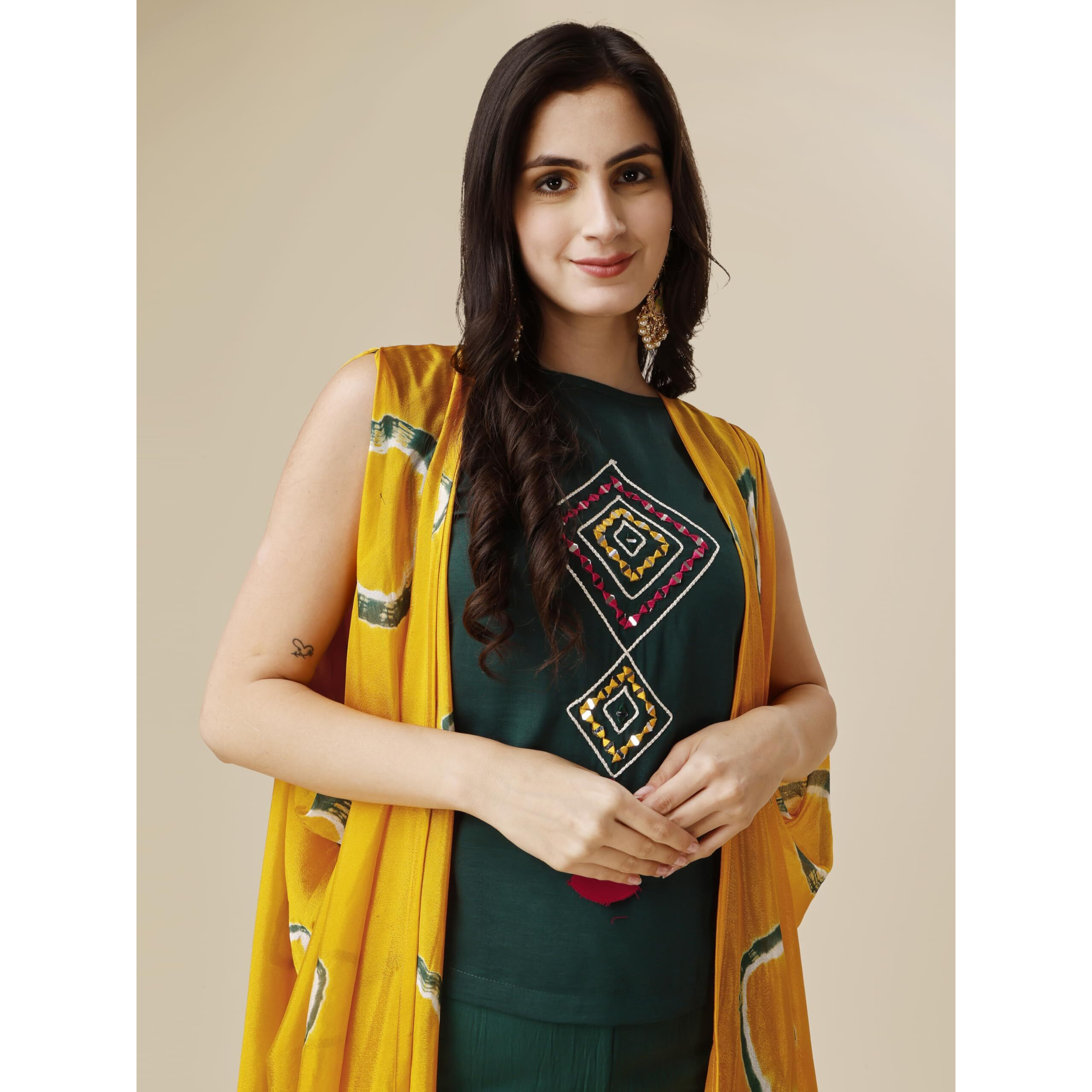 Youthnic Womens Silk Blend Top Palazzo Jacket Set Green