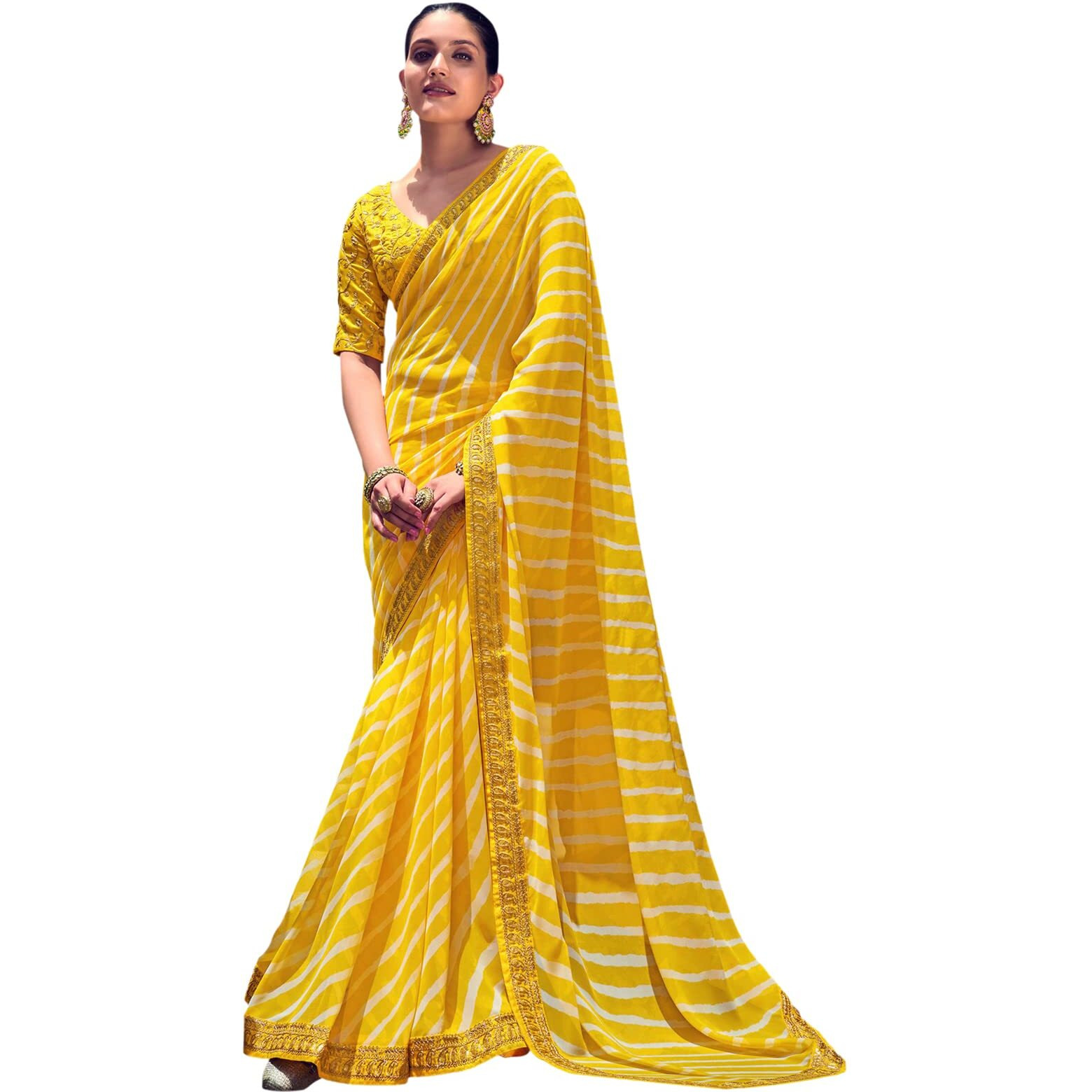Satrani Women's Leheriya Printed & Lace Georgette Saree With Unstitched Blouse Piece(2555S289N_Yellow)