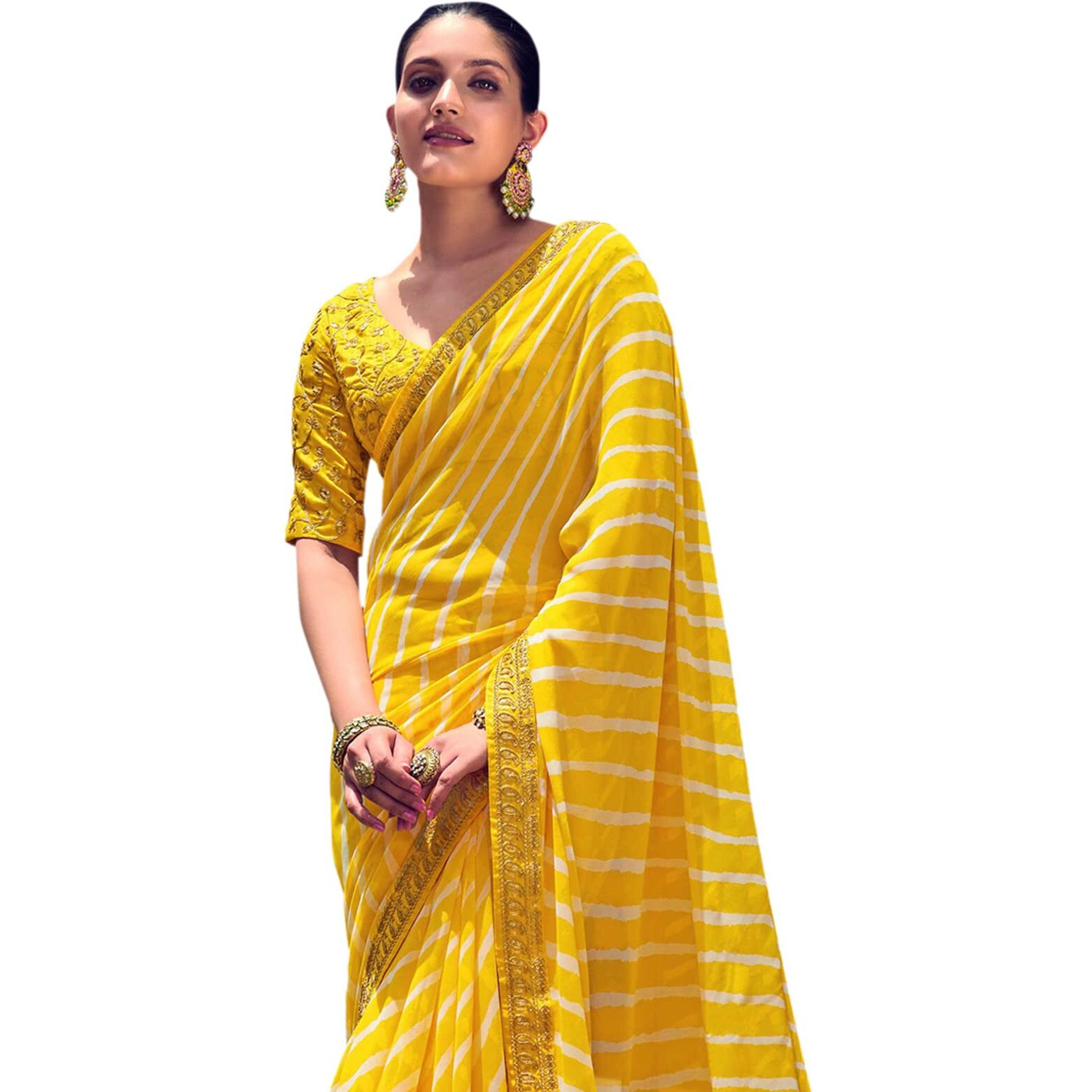 Satrani Women's Leheriya Printed & Lace Georgette Saree With Unstitched Blouse Piece(2555S289N_Yellow)
