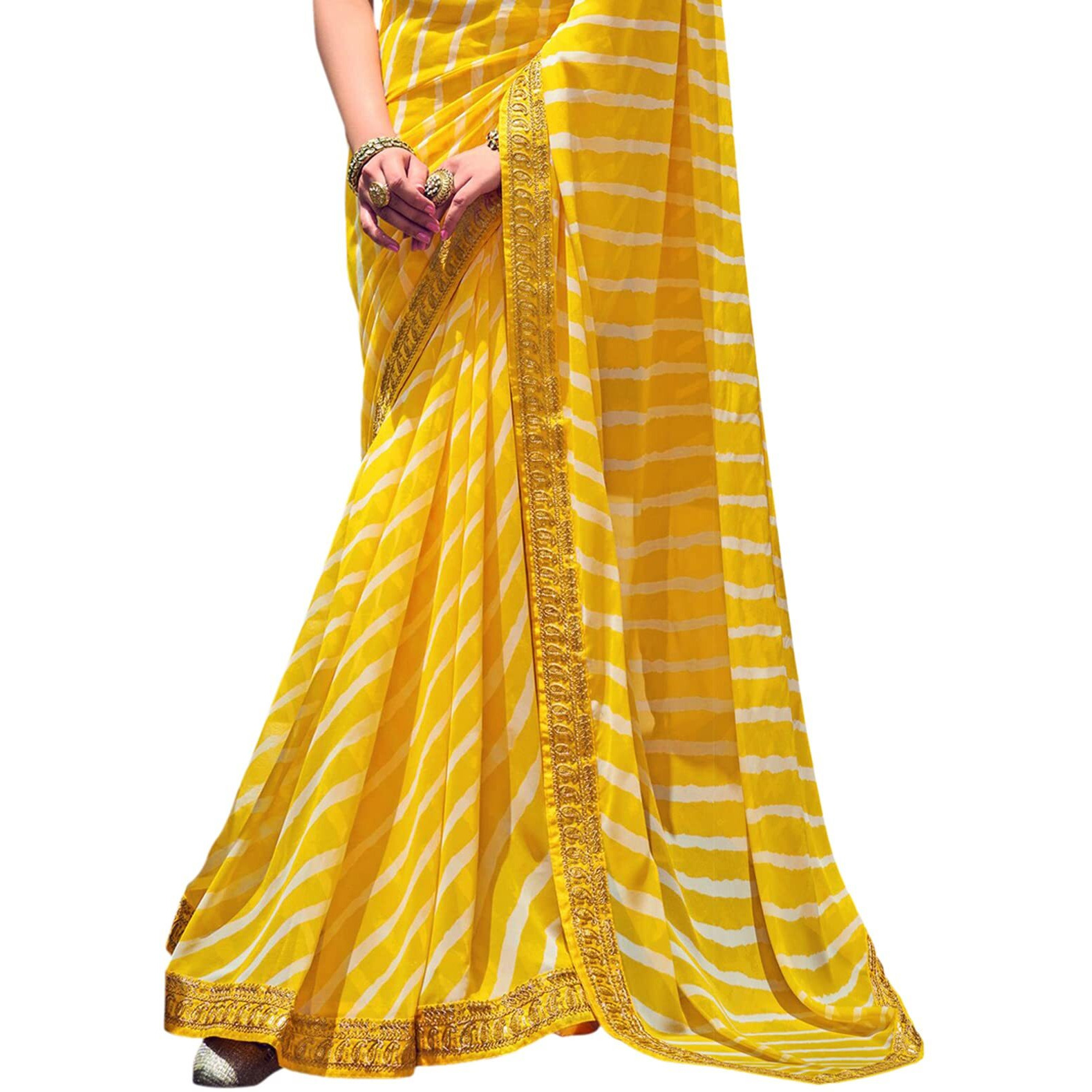 Satrani Women's Leheriya Printed & Lace Georgette Saree With Unstitched Blouse Piece(2555S289N_Yellow)