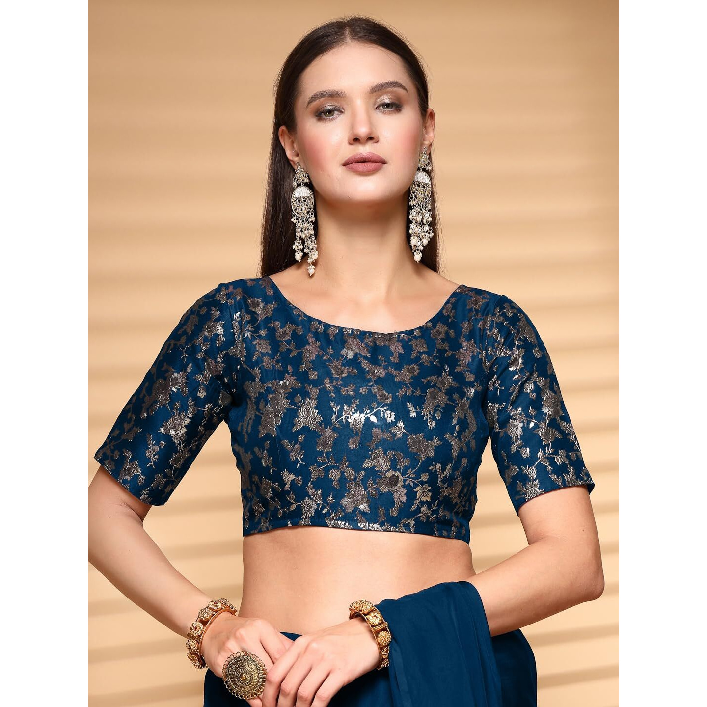 OOMPH Readymade Blouse for Women, Brocade, Boat Neck, rbbl525
