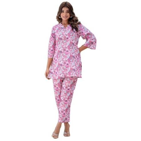 LookMark Women's Trendy Printed Cotton Blend Straight Pink Color Kurta and Palazzo Set (AZ-LM-P1-KS2075 Pink-S)