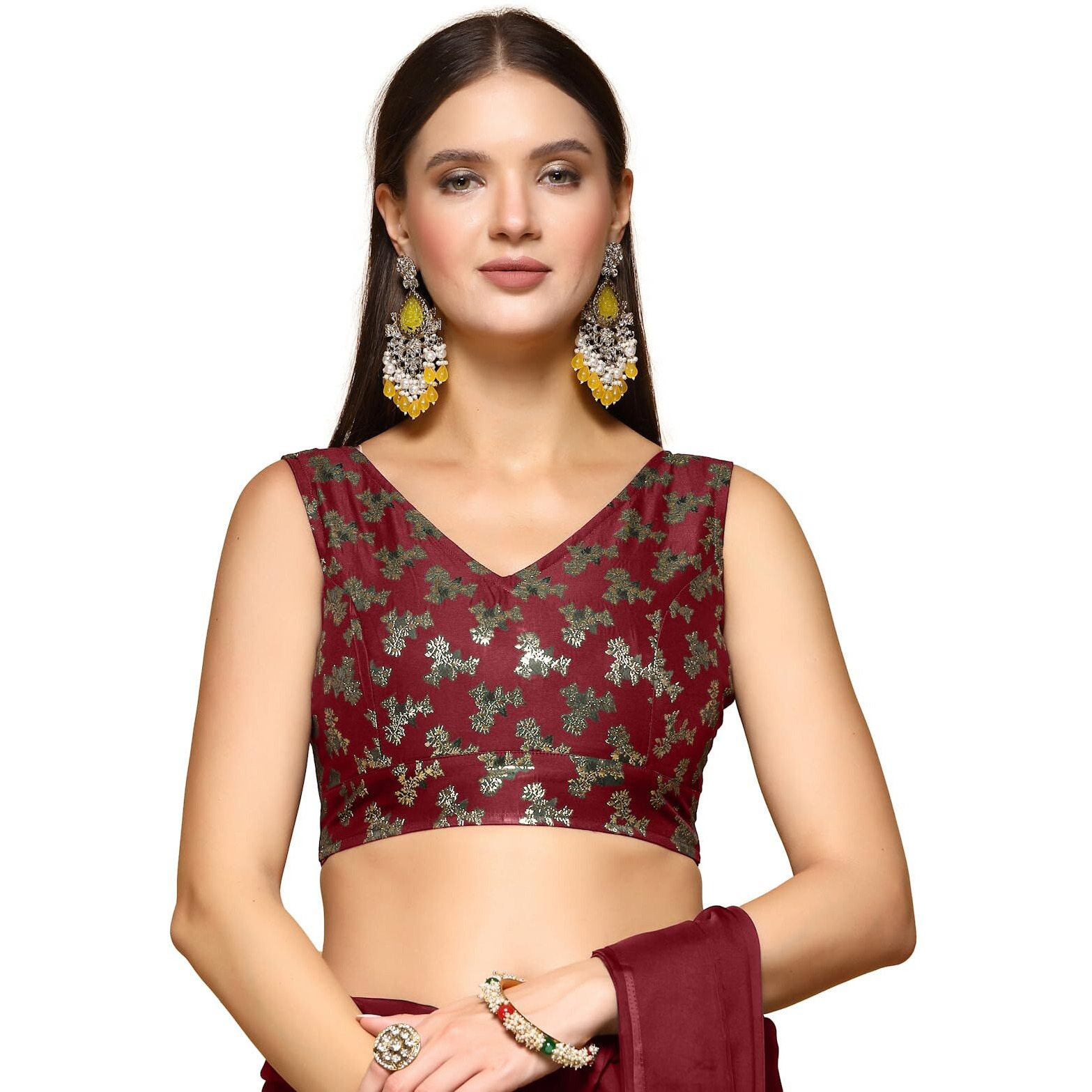 OOMPH Readymade Blouse for Women, Brocade, Sleeveless, V-Neck, rbbl655