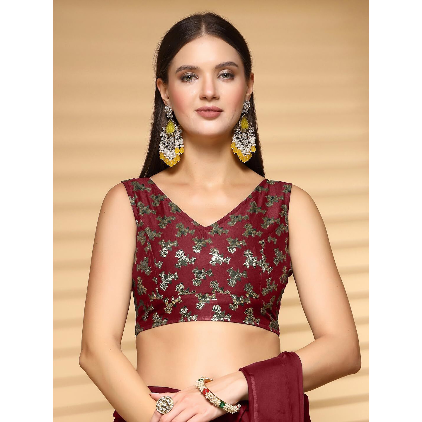 OOMPH Readymade Blouse for Women, Brocade, Sleeveless, V-Neck, rbbl655