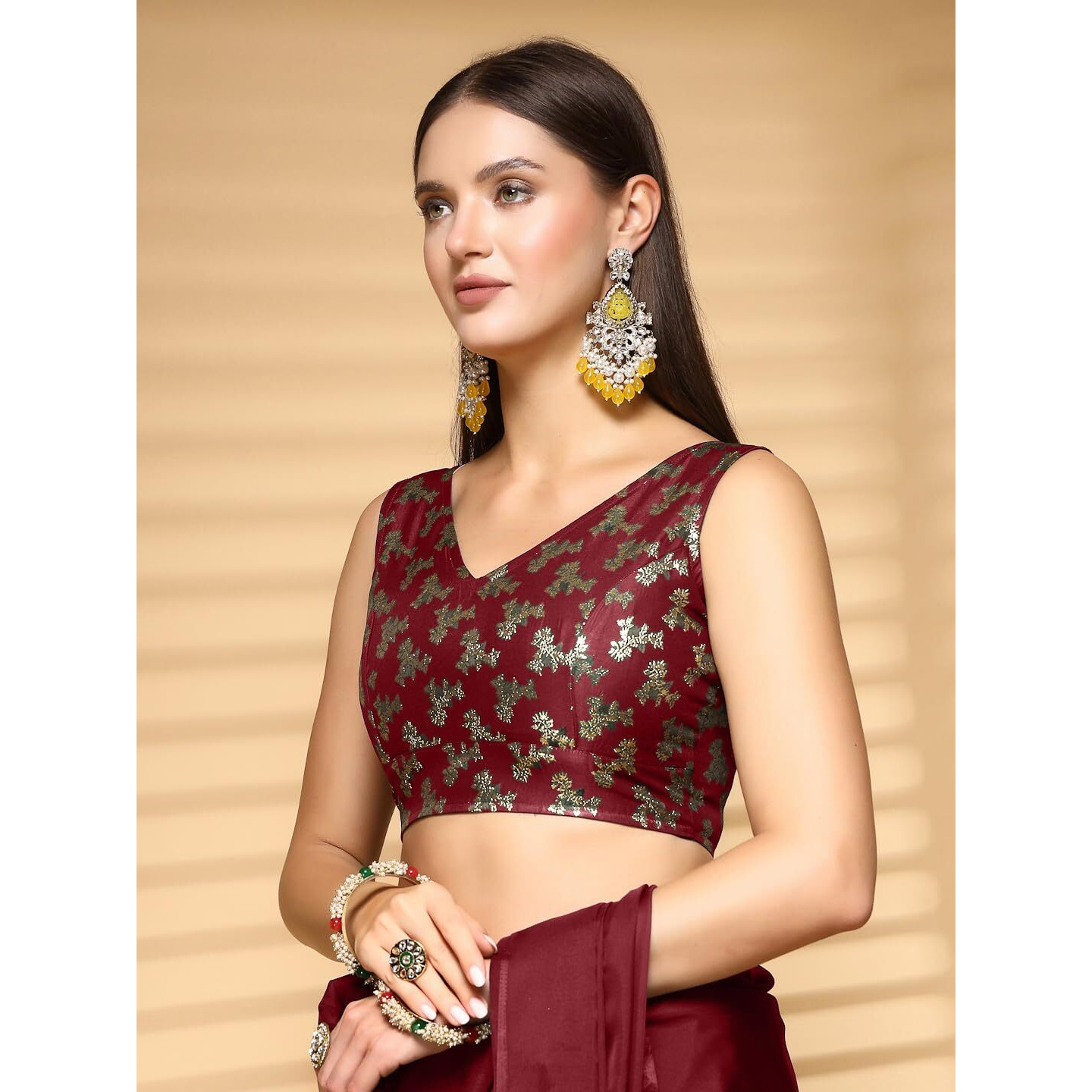 OOMPH Readymade Blouse for Women, Brocade, Sleeveless, V-Neck, rbbl655
