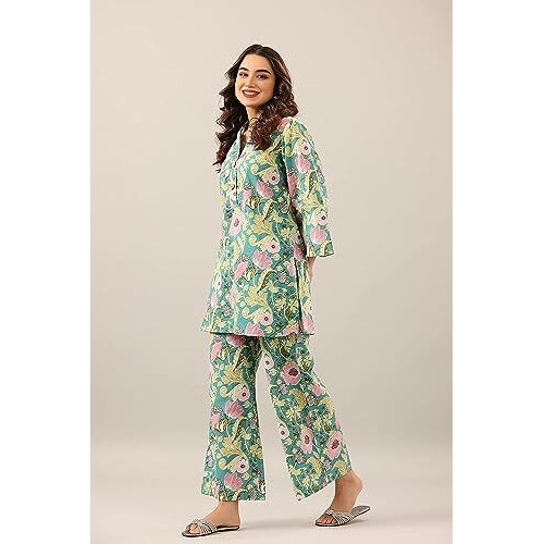 LookMark Women's Trendy Printed Cotton Blend Straight Light Green Color Kurta and Palazzo Set (KS2075-XXL)