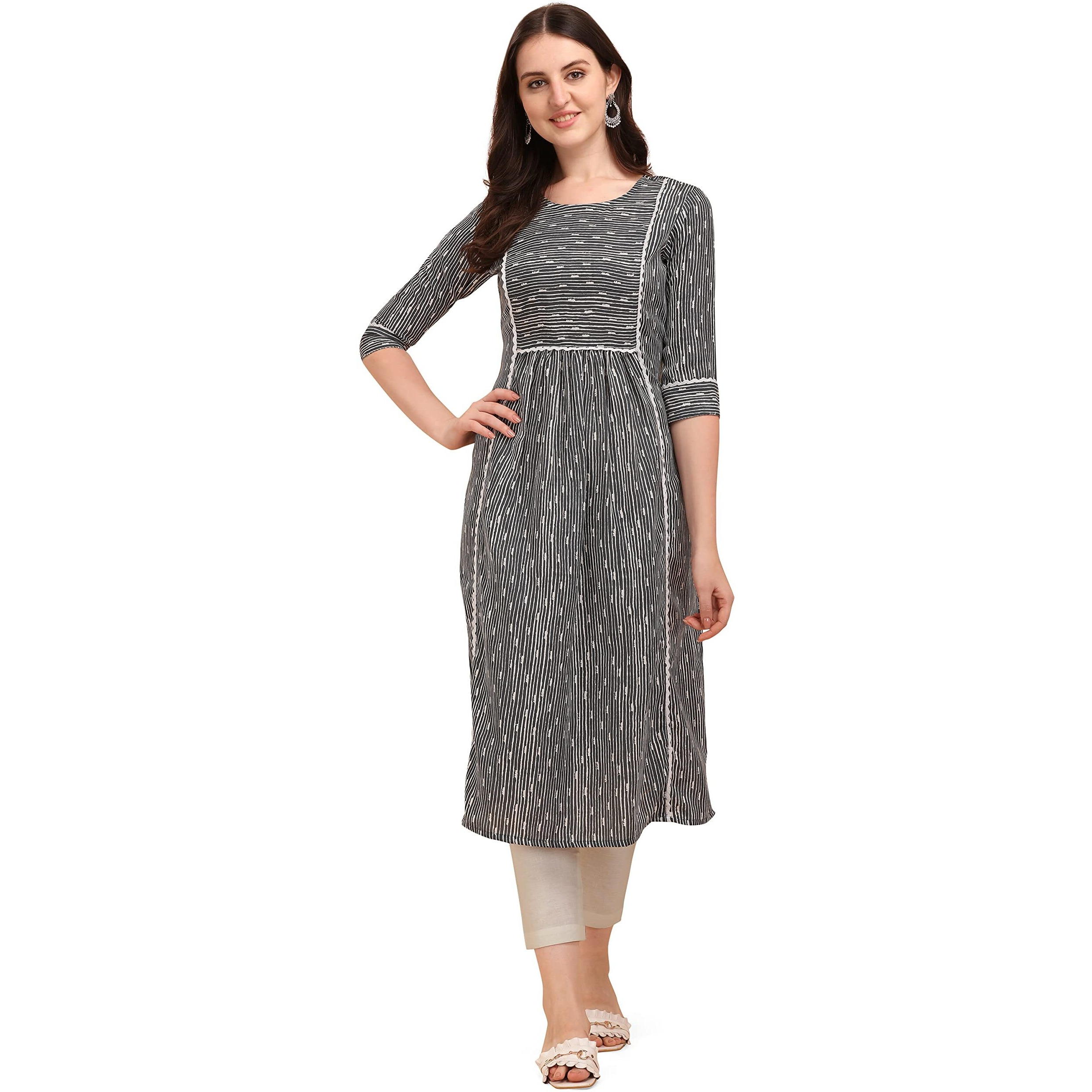 NAINVISH Women's Cotton Blend Straight Round Neck Printed Kurta with Pant (SD211_KB-S_Grey)