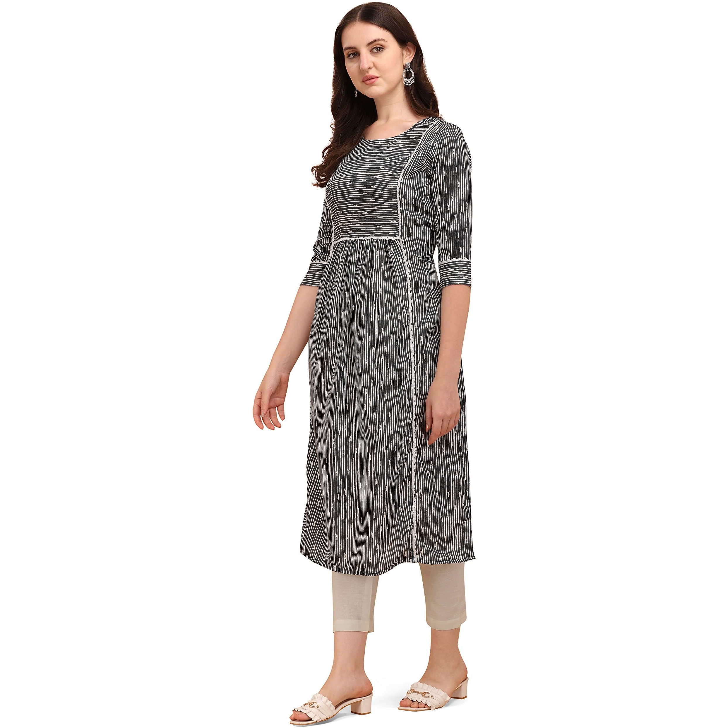 NAINVISH Women's Cotton Blend Straight Round Neck Printed Kurta with Pant (SD211_KB-S_Grey)